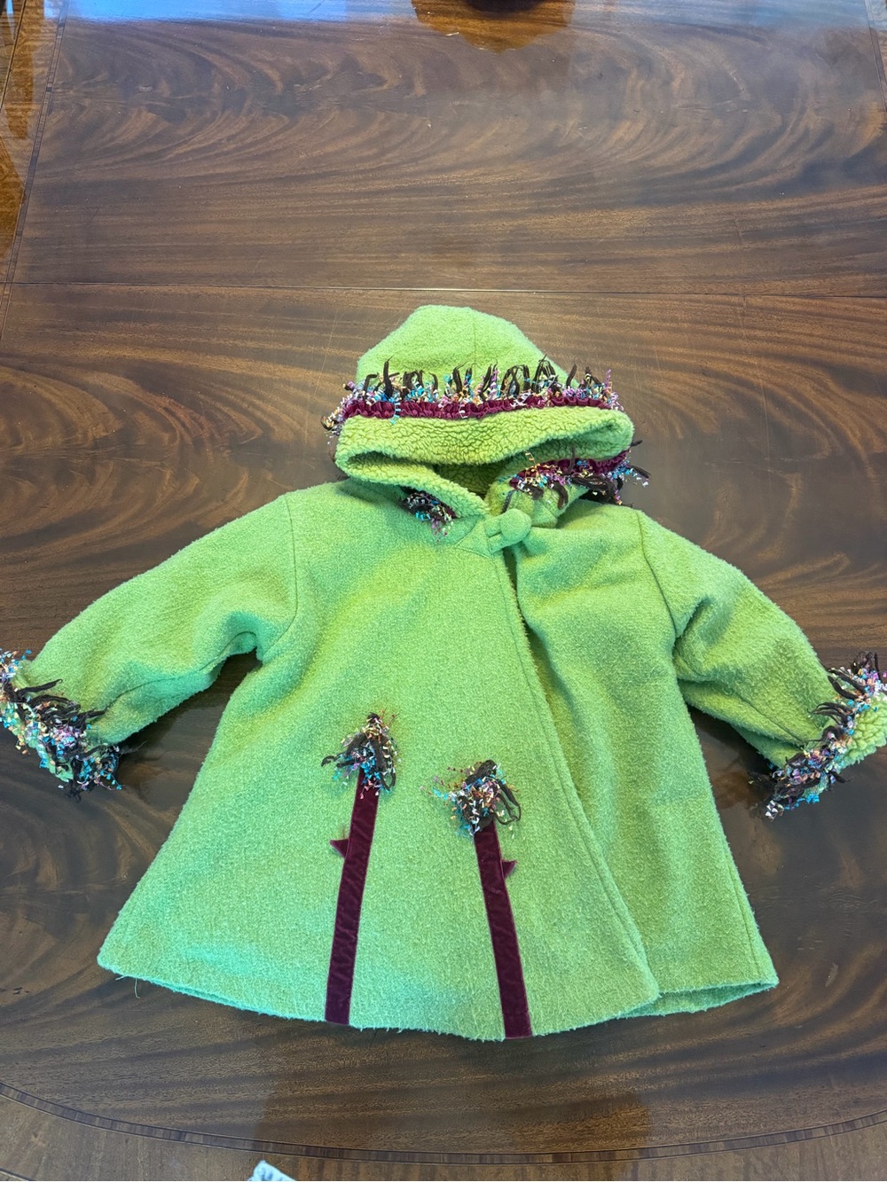 Girls' Lime Green Hooded Coat with Decorative Fringe Trim
